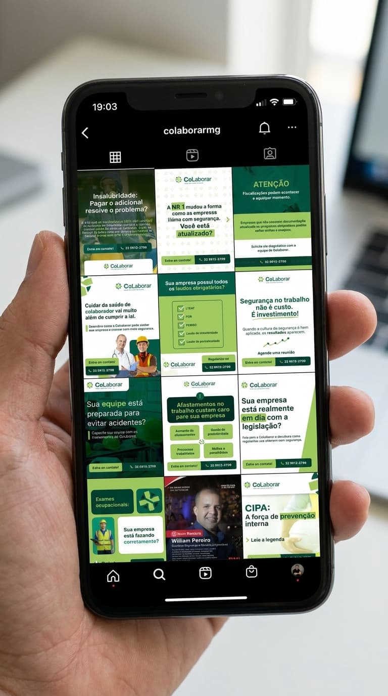 Feed Instagram do cliente CoLaborar com posts estratégicos sobre NR, PCMSO, segurança do trabalho