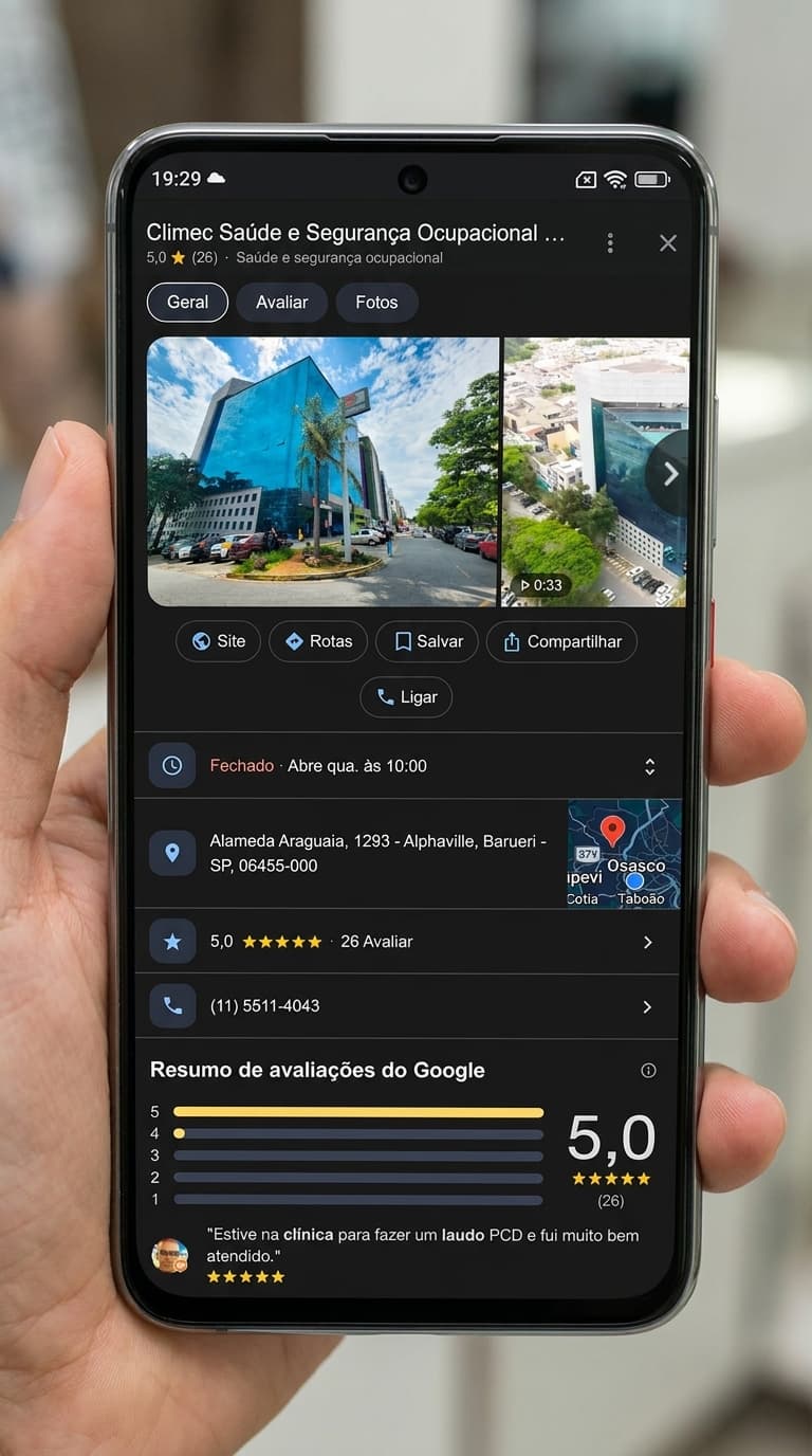 Google Meu Negócio do cliente Climec com 5 estrelas, 26 avaliações e fotos profissionais